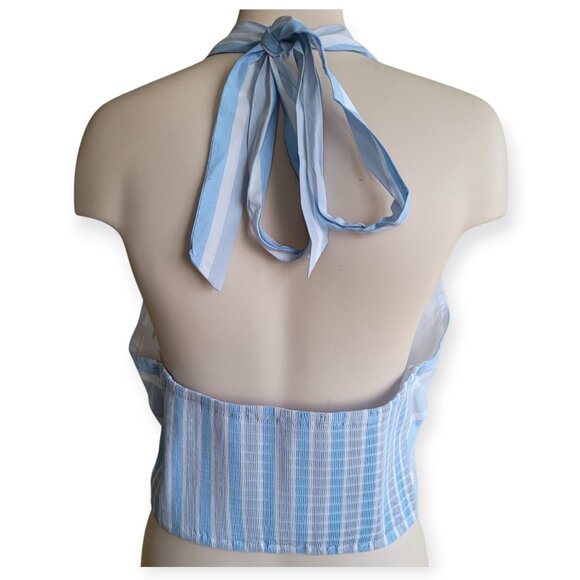 Staud Kai Striped Cotton Halter Top L Cropped Smocked V-Neck Sleeveless NWOT - Picture 8 of 14